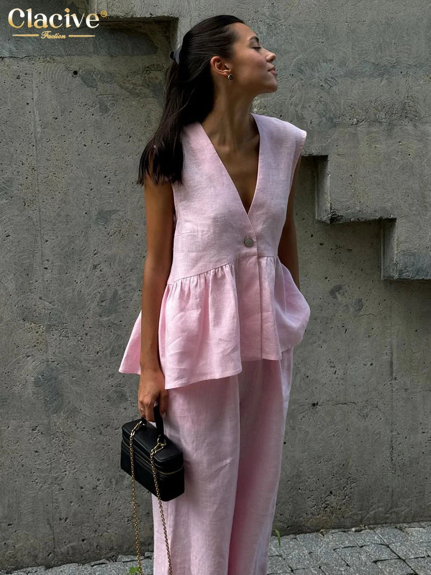 Clacive Summer Loose Pink Cotton 2 Piece Set Women Outfit 2025 Fashion Sleeveless Tank Top With High Waist Wide Pants Set Female