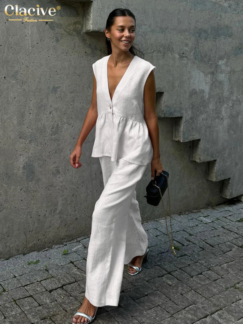 Clacive Summer Loose Pink Cotton 2 Piece Set Women Outfit 2025 Fashion Sleeveless Tank Top With High Waist Wide Pants Set Female