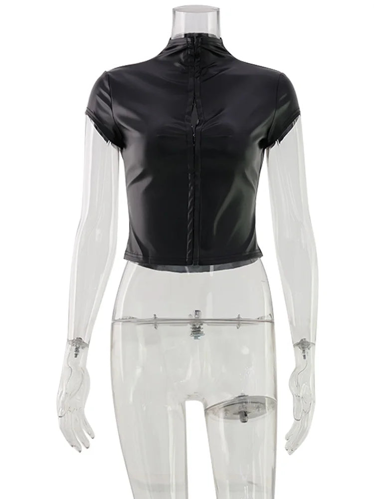 CNYISHE PU Leather Button Solid Short Sleeve Women Tops Sheath Fashion High Collar Blouse Fitness Female Sexy Club Tees Chic