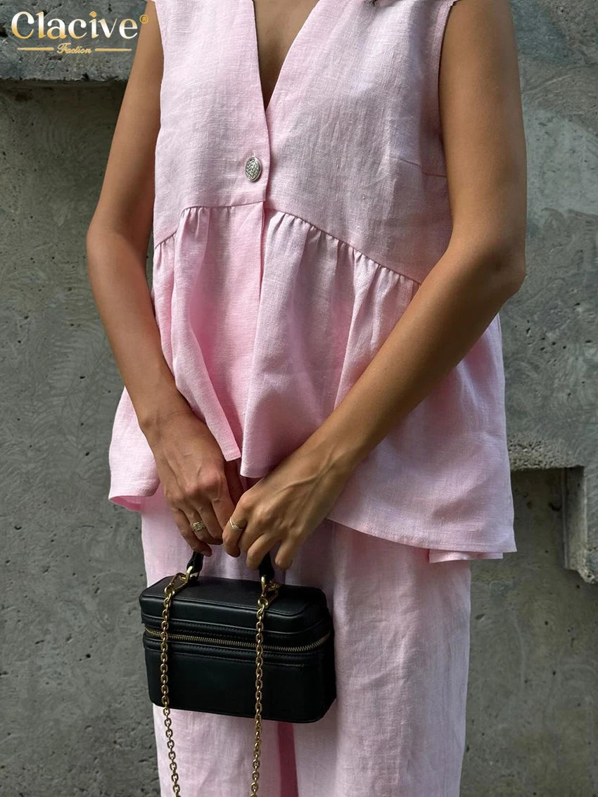 Clacive Summer Loose Pink Cotton 2 Piece Set Women Outfit 2025 Fashion Sleeveless Tank Top With High Waist Wide Pants Set Female