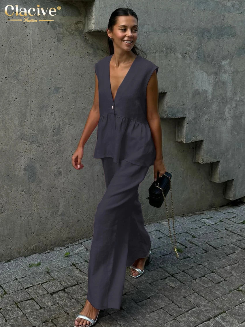 Clacive Summer Loose Pink Cotton 2 Piece Set Women Outfit 2025 Fashion Sleeveless Tank Top With High Waist Wide Pants Set Female