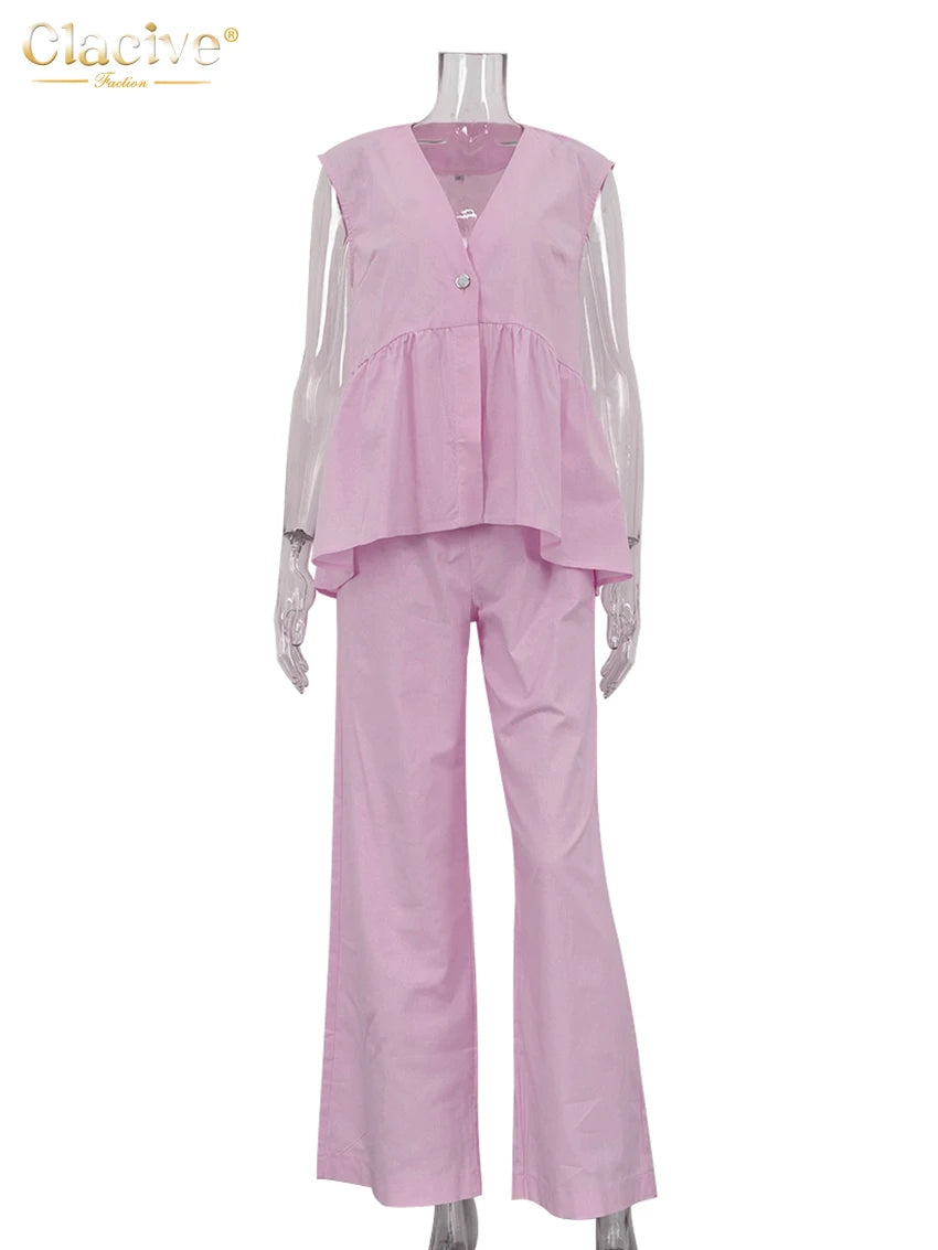 Clacive Summer Loose Pink Cotton 2 Piece Set Women Outfit 2025 Fashion Sleeveless Tank Top With High Waist Wide Pants Set Female