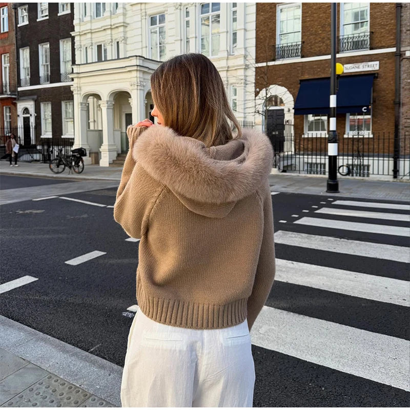 2025 Autumn Casual Fur Collar Sweater Coat Women's Solid Loose Long Sleeve Zippers Pullover New Ladies Fashion Office Tops