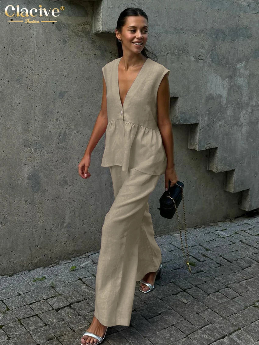Clacive Summer Loose Pink Cotton 2 Piece Set Women Outfit 2025 Fashion Sleeveless Tank Top With High Waist Wide Pants Set Female