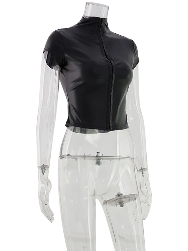 CNYISHE PU Leather Button Solid Short Sleeve Women Tops Sheath Fashion High Collar Blouse Fitness Female Sexy Club Tees Chic